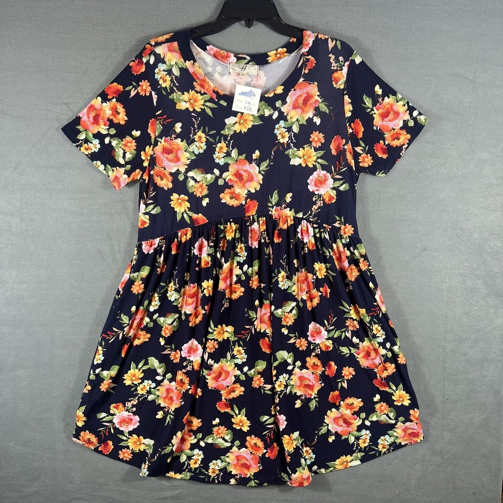 Signed‎ by Heather Women's Large L Floral Babydoll Dress Short Sleeve Navy Blue